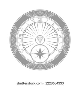 Gray sundial silhouette with floral pattern isolated on white background