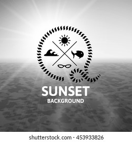 Gray sunset with water sea surface, black and white perspetive landscape in sunny fog, soft grayscale vector background illustration