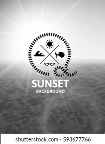 Gray sunset with water sea surface, black and white perspetive landscape in sunny fog, soft grayscale vector background illustration