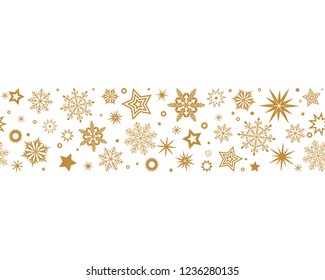 Gray swirl of golden snowflakes and stars. seamless christmas garland. New Year. flat vector illustration isolated on white background