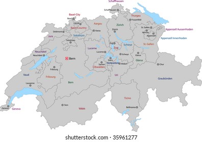 Gray Switzerland map with states and main cities