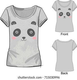 Gray t shirt with fashion print with Vector illustration of cute embroidery of white and pink toy panda