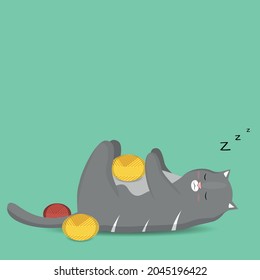 Gray tabby cat on a green background. Flat style. Stock Vector illustration. Cartoon. Animal. Pet. Take a nap. Doze. Dream. Asleep .Nice postcard. Funny card. Modern design. A ball of thread. Yarn.