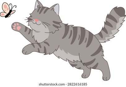 Gray Tabby Cat Pouncing on a Pink Butterfly