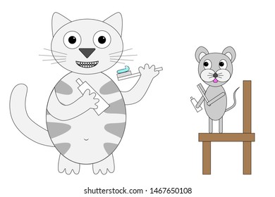 Gray tabby domestic cat teaches a mouse to brush teeth correctly, concept of oral care and hygiene