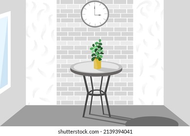 Gray table in a room. Window, brick wall. Eucalyptus in a pot. Clock. Vector texture.