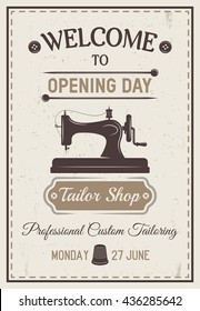 Gray tailor poster or flyer with headline welcome to opening day tailor shop and date at the bottom vector illustration