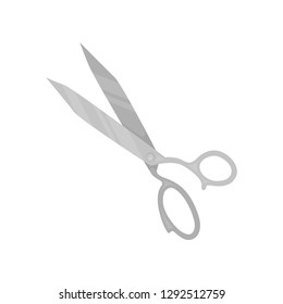 Gray tailoring scissor. Large stainless steel shears. Cutting instrument. Professional tool. Flat vector icon