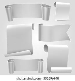 Gray tapes template set. Curled paper ribbons. Ancient papyrus collection. Vector illustration.