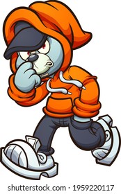 Gray Teddy bear with orange hoodie walking. Vector clip art illustration with simple gradients. All on a single layer. 
