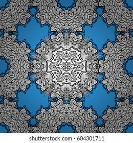 Gray template. Royal retro on blue background. Vector illustration. Floral classic texture. Design vintage for card, wallpaper, wrapping, textile. Seamless pattern white elements.