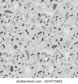 Gray terrazzo seamless texture. Floor tile, polished stone pattern. Marble surface. Vector abstract background with chaotic stains.
