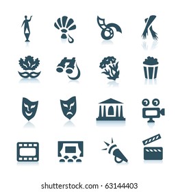 Gray theatre and cinema icons with shadows on white background