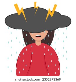 Una nube negra se cierne sobre la chica triste, de la que llueve y relámpagos. Depresión de la salud mental.