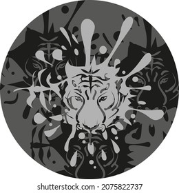 Gray tiger splash in a black circle for your designs. Grunge roaring tiger head symbol for tattoos, logos, sport emblems, labels, prints on T-shirts, embroidery,  engraving, fabric products, etc.