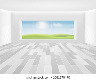 Gray tile floor and space in empty room with symmetry grid line texture in perspective view for product display background, 
Home interior decor with rectangle shape of gray tile, Vector illustration.