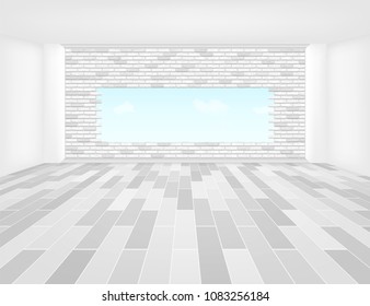Gray tile floor and space in empty room with symmetry grid line texture in perspective view for product display background, 
Home interior decor with rectangle shape of gray tile, Vector illustration.