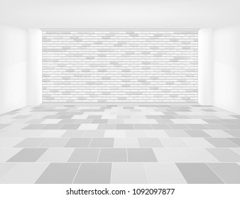 Gray tile floor and space in empty room with symmetry grid line texture in perspective view for product display background, 
Home interior decor with square shape of gray tile, Vector illustration.