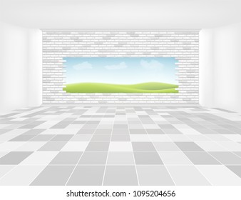 Gray tile floor and space in empty room with symmetry grid line texture in perspective view for product display background, 
Home interior decor with square shape of gray tile, Vector illustration.