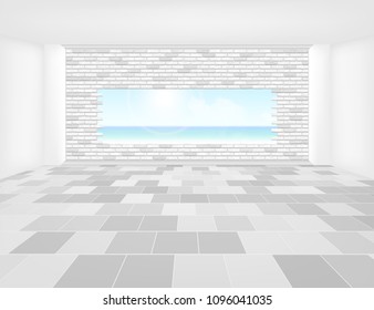 Gray tile floor and space in empty room with symmetry grid line texture in perspective view for product display background, 
Home interior decor with square shape of gray tile, Vector illustration.