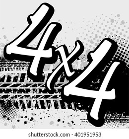 Gray tire track background with 4x4 white symbol. eps10