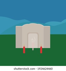 gray tombstone with red candles and incense on grass and in the background celestial hills against the blue sky
