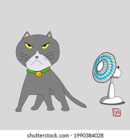  A gray tomcat. Angry cat cartoon with electrical fan. Cute grumpy cat, vector.