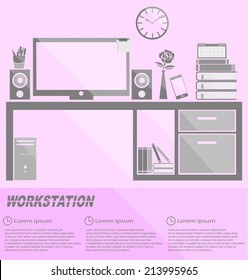 Gray tone silhouette workstation interior design illustration in art vector style (EPS10)