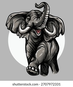 Ein grau getönter Elefant hebt seinen Rumpf auf einem hellen Kreis auf grauem Hintergrund.