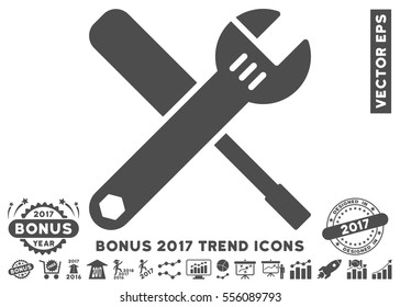 Gray Tools pictogram with bonus 2017 trend icon set. Vector illustration style is flat iconic symbols, white background.