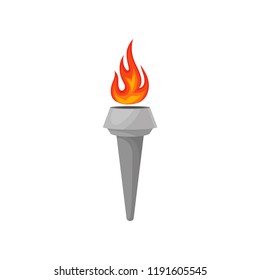 Gray torch with hot blazing fire. Bright red-orange burning flame. Flat vector icon
