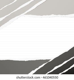 Gray torn paper pieces are stuck on lined background