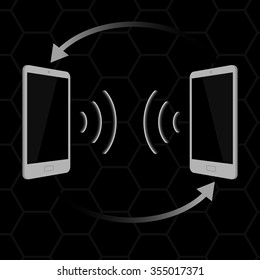 Gray touchscreen smartphone on black background. The concept of transmitting data between devices 