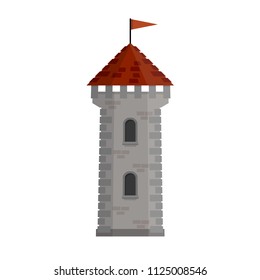 a gray tower of stone bricks. medieval European structure. the concept of protection from enemies. ancient castle. the fortress of the knights. red roof with flag - Cartoon flat illustration

