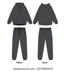 Gray tracksuit sketch. Vector drawing of hoodie with front pocket, joggers, front and back view. Template of a sports sweatshirt with a hood and sweatpants. svg