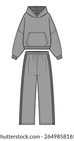Gray Tracksuit Vector Fashion Illustration. Hoodie and Joggers Matching Set Vector Template. Relaxed Fit. Ribbed Cuffs and Hem. Colored design. Unisex.Casual Athleisurewear Template. CAD Mockup set