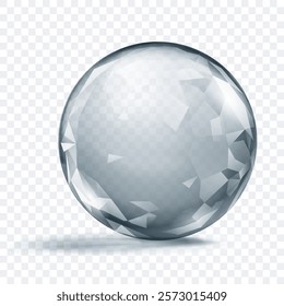A gray translucent crystal sphere with faceted surface, with glares and soft shadow, on transparent background. Vector illustration for design projects and creative works.
