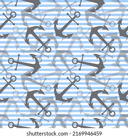 Gray transparent anchors on a striped background. Nautical seamless pattern, print, ornament for textile and fabric. Vector illustration