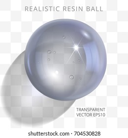 Gray transparent resin ball. Vector 3d realistic epoxy bead of silver smoky tints. Fashionable glossy artificial jewel. Perfect closeup polymer orb with a translucent shadow on a checkered background.
