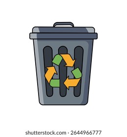 Uma lata de lixo cinza com um símbolo proeminente de reciclagem verde e laranja. Perfeito para o gerenciamento de resíduos, sustentabilidade e temas ecológicos.