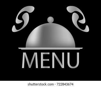 Gray tray, kitchen utensils, isolated, closed tray on a black background, menu label