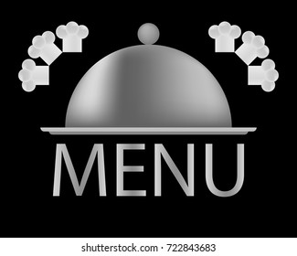 Gray tray, kitchen utensils, isolated, closed tray on a black background, menu label