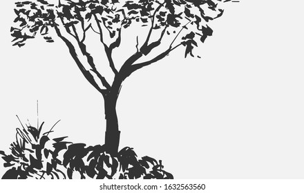Gray tree silhouette isolated on light background. Sumi-e, u-sin, gohua painting style. Stylized Inked drawing. Hand drawn vector illustration. 