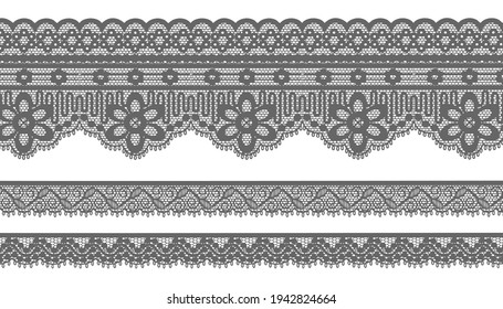 Gray Trim Lace Ribbon on White background.Jacquard Mesh Lace Fabric.