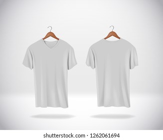 Gray T-Shirts Mock-up clothes with V neck hanging isolated on wall, blank front and rear side view.