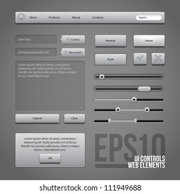 Gray UI Controls Web Elements: Buttons, Comments, Sliders, Message Box