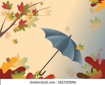 Gray umbrella against the sky in front of rain, tree branches and flying yellow maple and oak leaves. Vector illustration for autumn design.