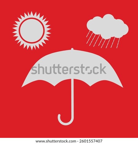 A gray umbrella icon with sun and rain symbols on a red background, indicating protection from moisture and heat. Commonly used on packaging for weather-sensitive items.