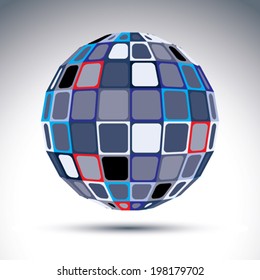 Gray urban spherical fractal object, 3d metal mirror ball. Kaleidoscope orb created from squares and four-side figures with outline.