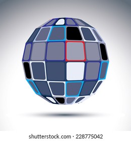 Gray urban spherical fractal object, 3d disco ball. Kaleidoscope orb created from squares and four-side figures with outline.